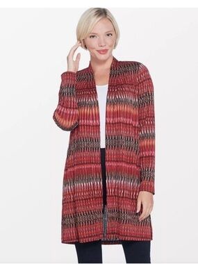 SUSAN GRAVER Knit Drape Front Red Multi-Stripe Open-Front Long Cardigan Boho